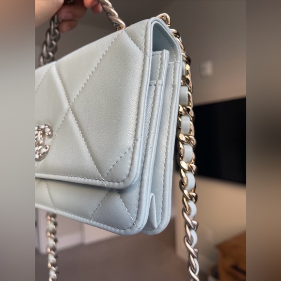 SOLD Chanel 19 Quilted Wallet Chain WOC Light Blue lambskin Mixed Hardware 22B - Picture 7 of 15